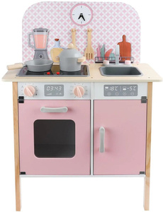 Drewniana kuchnia dla dzieci z zegarem różowa