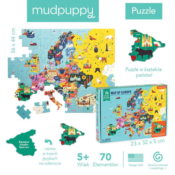 Puzzle Mapa Europy z elementami w kształcie państw 70 el Mudpuppy