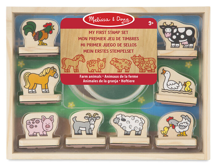 Mój pierwszy drewniany zestaw pieczątek Zwierzęta na farmie 8 stempli Melissa and Doug